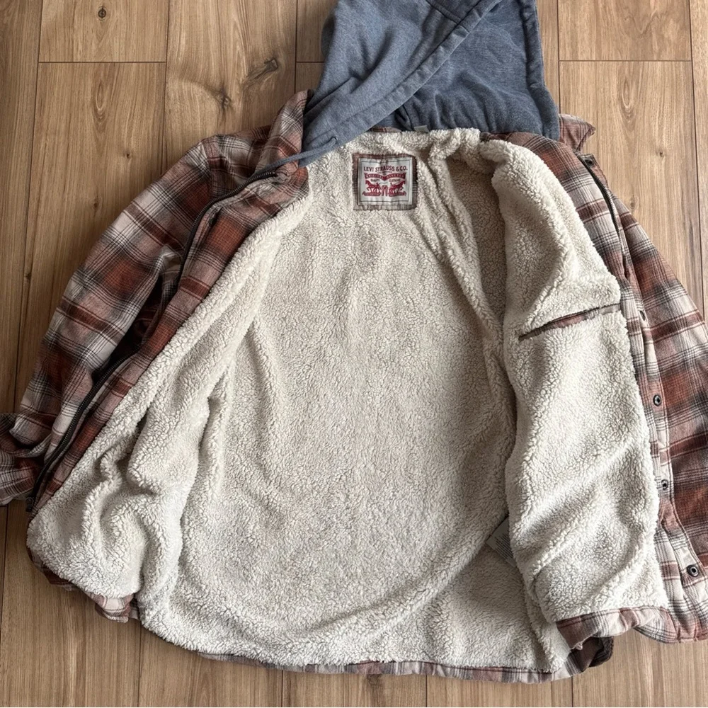 Levi's Men's Size XXL Sherpa Lined Hooded Plaid Brown And Orange Shirt Jacket - Picture 9 of 13